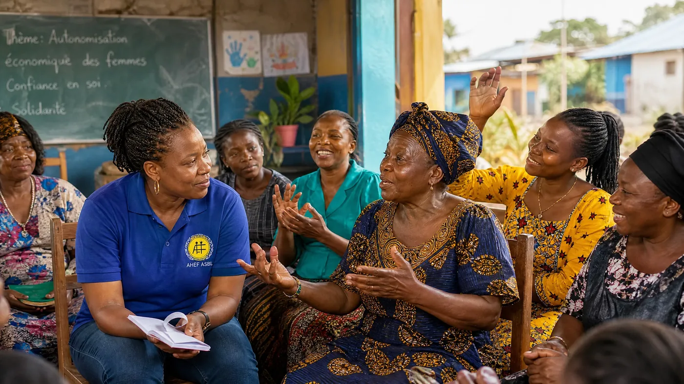 Groupe de femmes réunies lors d'une session de sensibilisation communautaire AHEF